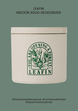 LEAFIN indoor solid deodorizer container with green text and logo on a green background