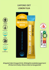 Liapong Diet Lemon Yuja supplement stick pack on a green background with certification logos.