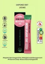 Lia Pong Diet Lychee package on a green background with certification logos.