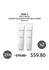 Two bottles of Lagom Collagen Lifting Neck Cream with promotional text on a white background