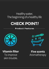 Product features of a water filter system with icons and text on a black background