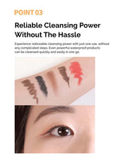 Product advertisement for makeup removal with text about reliable cleansing power.