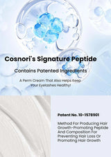 Cosnori's Signature Peptide advertisement with blue peptide molecules and text on a light blue background.