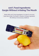 Hand holding a lemon next to a Blandeduh Lemon package with text about food ingredient gargle.
