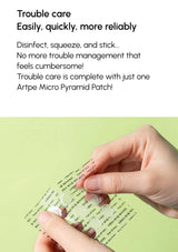 Person applying a medical patch with text about trouble care solution on a green background