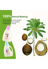 Product packaging with coconut and palm tree illustration, emphasizing natural washing ingredients.
