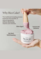 Person holding a container of pink rice cake with text explaining its benefits on a light gray background.