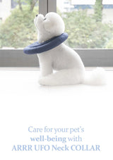 White plush toy with a blue neck collar sitting on a light surface with a blurred green outdoor background.