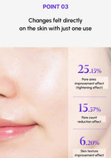 Close-up of skin with pore area improvement effects and text on a white background