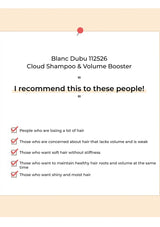Product description card for Blanc Dubu 112526 Cloud Shampoo & Volume Booster with text on a beige background.