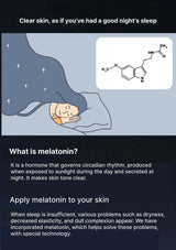 Illustration of a person sleeping with text about melatonin and its benefits for skin clarity.