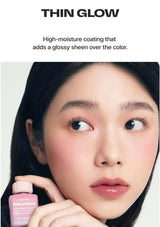 Woman holding a pink cosmetic product with text about 'Thin Glow' on a white background
