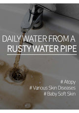 Rusty water pipe with water flowing into a sink, text overlay about health issues.