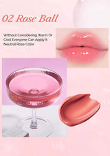 Pink lip balm, glass, and close-up of lips with text about neutral rose color