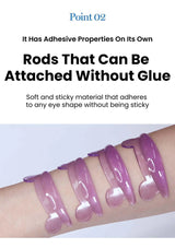 Purple adhesive rods on a person's arm with text describing their adhesive properties.