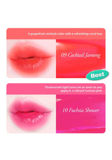 Two lip color swatches labeled 'Cocktail Jamang' and 'Fuchsia Shower' with text describing their colors.