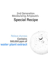 Advertisement for 2nd Generation Moisturizing Ampoule with text about water plant extract on a white background.
