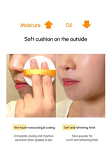 Product being applied to skin with text on moisture and oil balance, and features of the product.