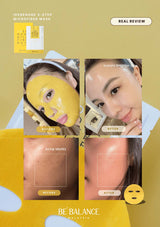 BE' BALANCE microfiber mask advertisement with before and after effects on a yellow background