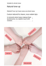 Cosnori Tone-Up Cream advertisement with hands and skin tone labels on a white background