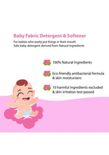 Baby fabric detergent & softener advertisement with cartoon baby and text on a pink background