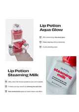 Lip Potion products with 'Aqua Glow' and 'Steaming Milk' labels on a white background.