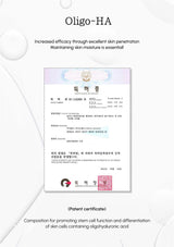 Patent certificate for Oligo-HA with text about skin care benefits on a white background.