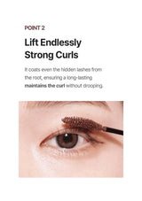 Eyelash curler being used on an eye with text about strong curls.