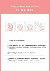 Instructions for using Nuborncell All Day Blanc Sun Cream on a pink background