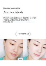 Advertisement for face tone-up product showing a before and after comparison on a white background.