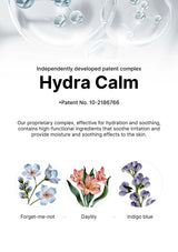 Advertisement for Hydra Calm with patent information and floral illustrations on a white background