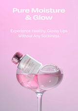 Lip balm in a glass with pink background and text about pure moisture and glow.