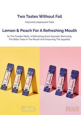 Product packaging with lemon and peach flavors on a yellow and pink background