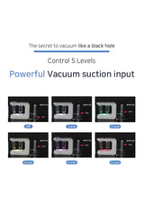 Control panel for a vacuum cleaner with five levels of suction power on a white background.