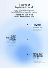 Diagram of hyaluronic acid types with molecular weight ranges on a light blue background.