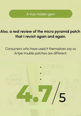 Text on a green background praising a micro pyramid patch with a 4.7/5 rating.