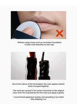 Lipstick application guide with text on using a base product for lip color.