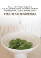 Bowl with green leaves on a beige background, text about PDRN 100,000 Booster Shot.