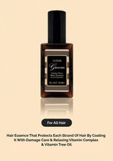 Hair essence bottle with text on a beige background