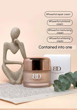 BD skincare cream jar with decorative elements on a light background