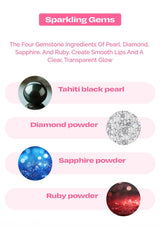 Advertisement for a cosmetic product with images of Tahiti black pearl, diamond powder, sapphire powder, and ruby powder on a pink background.