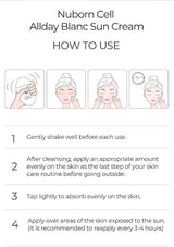 Instructions for using Nuborn Cell Allday Blanc Sun Cream on a white background