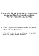 Text explaining eyelash rod size and curl effect on a white background