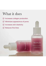 Two skincare serum bottles with text detailing their benefits on a white background