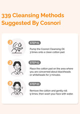 Cosnori cleansing method instructions with steps and illustrations on a light background