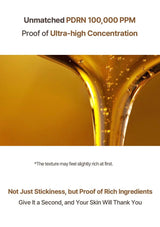 Product advertisement with a close-up of a gold-colored item and text about PDRN concentration.