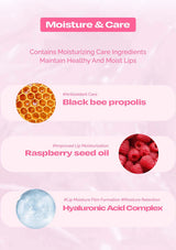 Lip care product description with ingredients like black bee propolis, raspberry seed oil, and hyaluronic acid complex on a pink background.