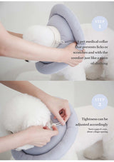 Pet medical collar being adjusted on a pet, with instructions on use.