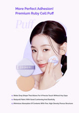Cosnori Ruby Cell Puff with a model applying it on the face, on a white background.