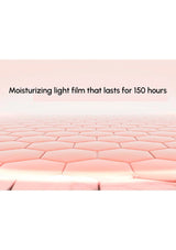 Text on a textured pink background describing a moisturizing light film.